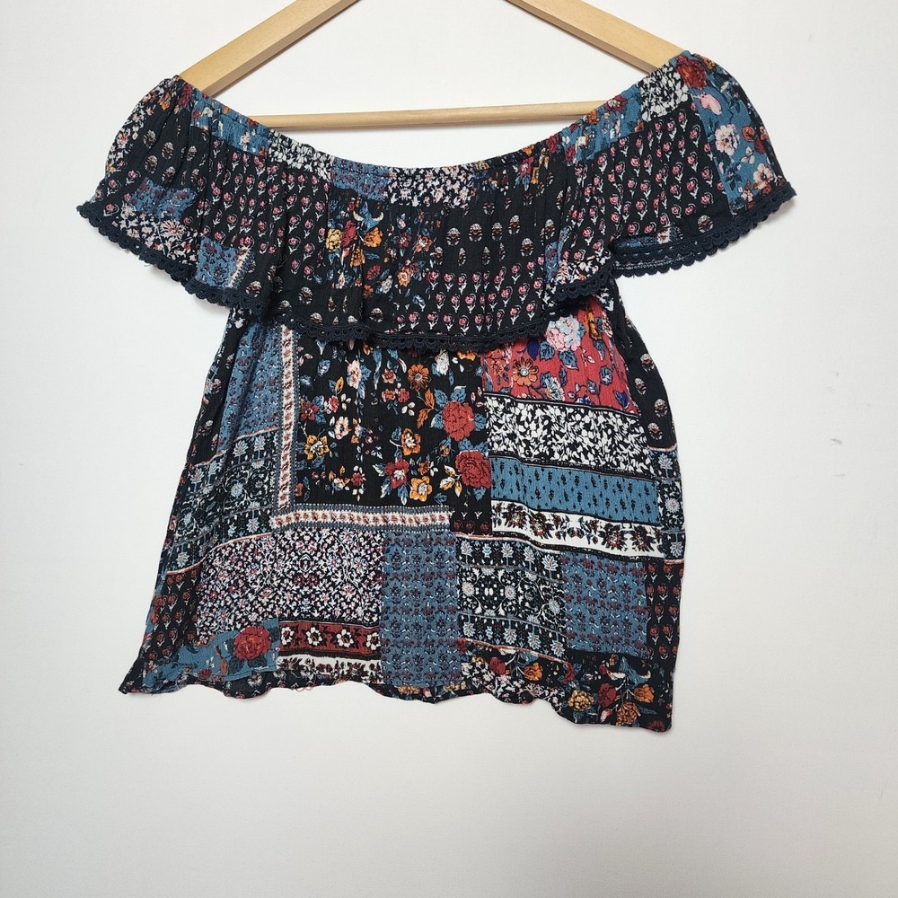 Stradivarius Patchwork Floral Off Shoulder Ruffle Lace Top Blue Red Black Size S